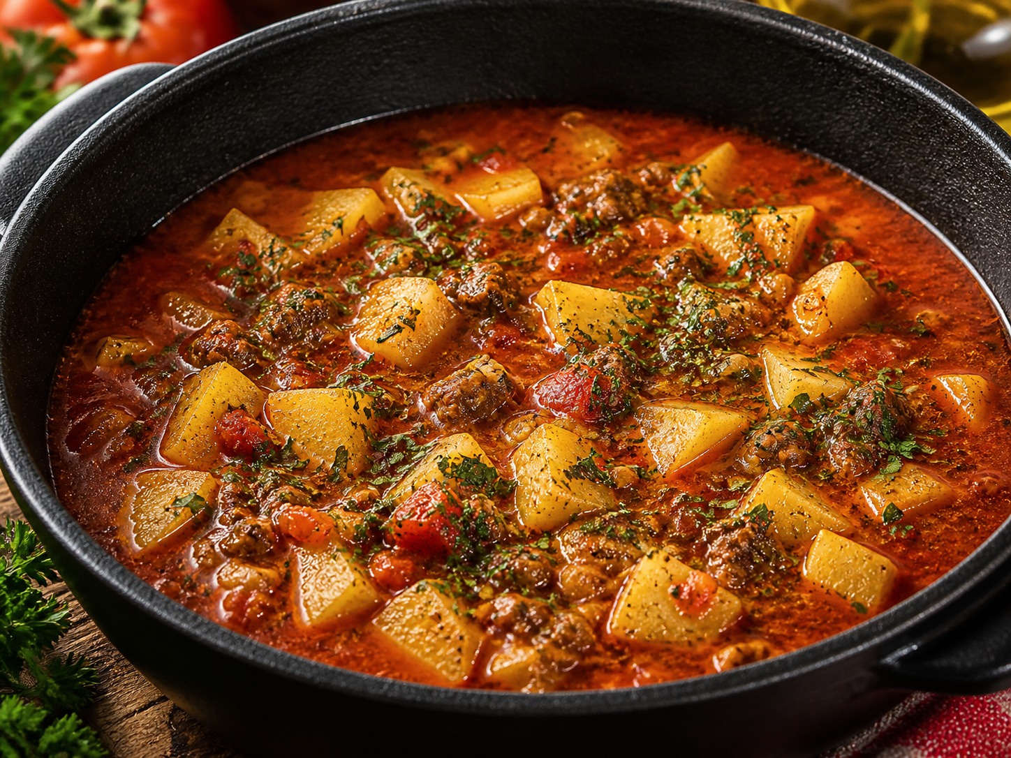 Mancarica de cartofi cu vinete si carne tocata la ceaun