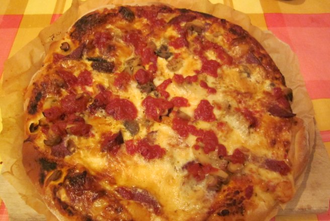 Pizza cu salam crud-uscat, ciuperci si branza de burduf