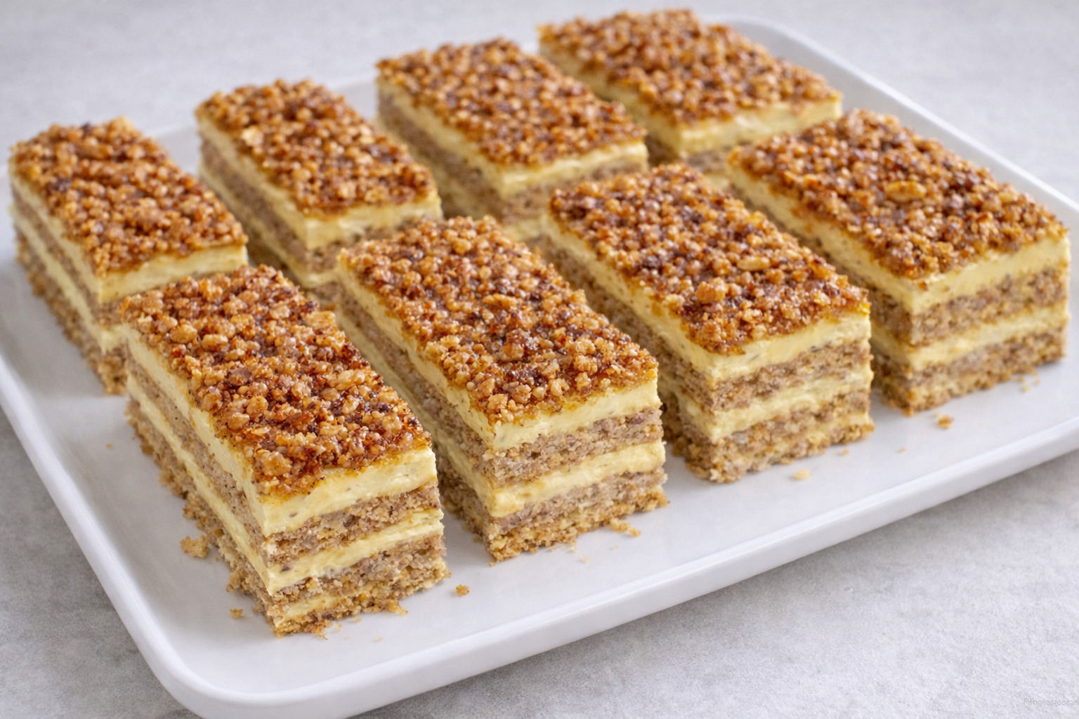 Desert prajitura cu nuci caramelizate, crema de vanilie si lamaie