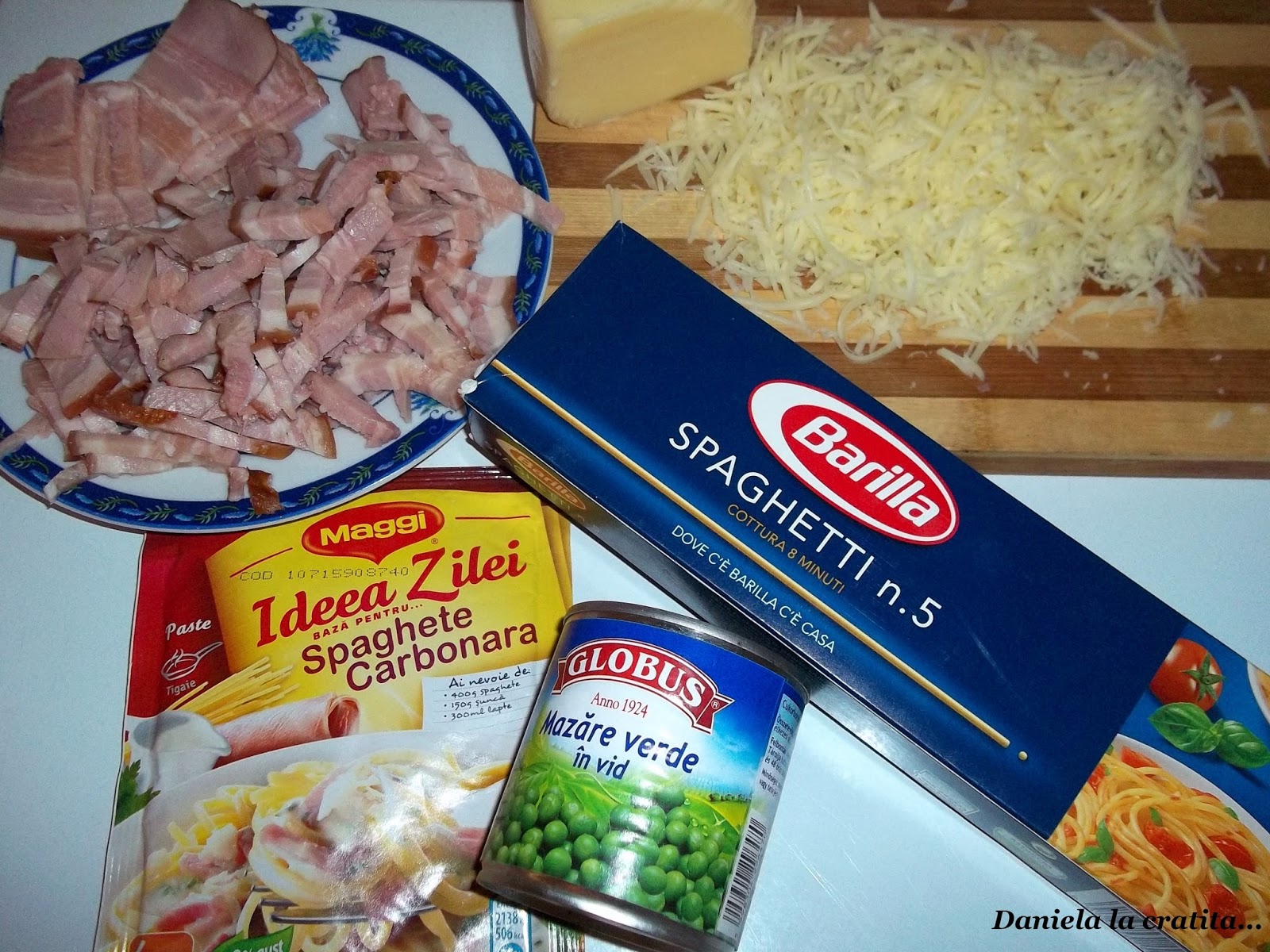 Paste carbonara cu mazare si bacon