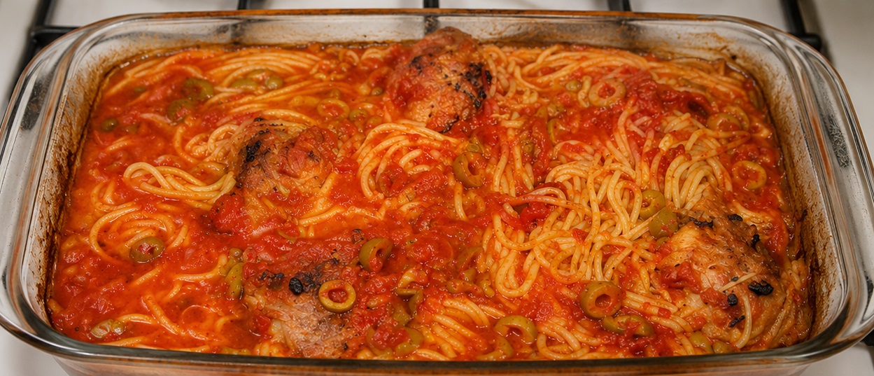 Spaghete cu pui la cuptor